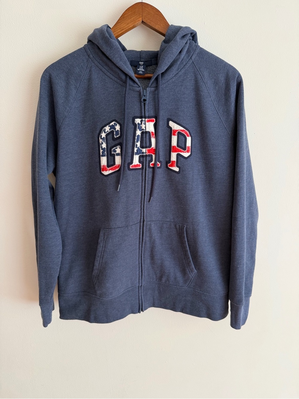 Gap Classic Logo Full Zip Hoodie American Flag Fleece Navy Blue Heather XL
